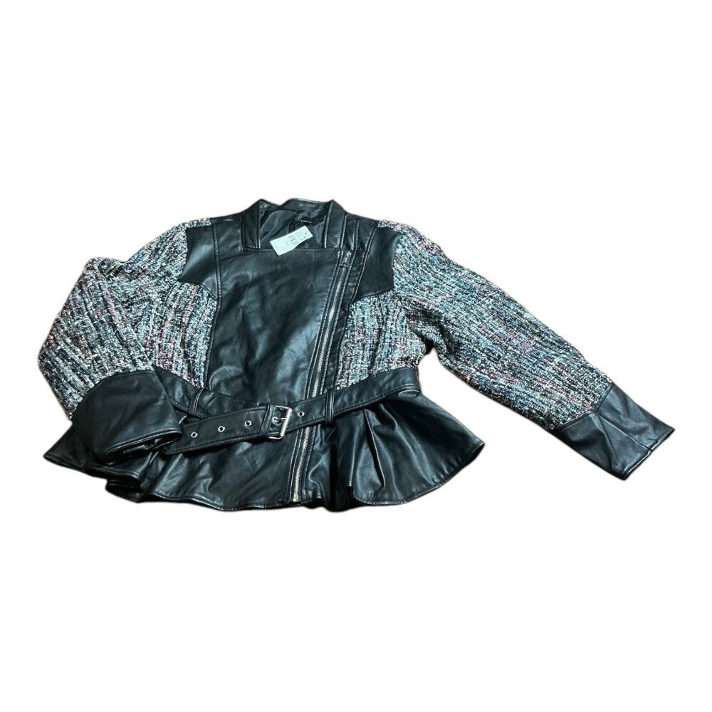 Lane Bryant Faux Leather & Tweed Collarless Belted Moto Jacket 18/20 NWT